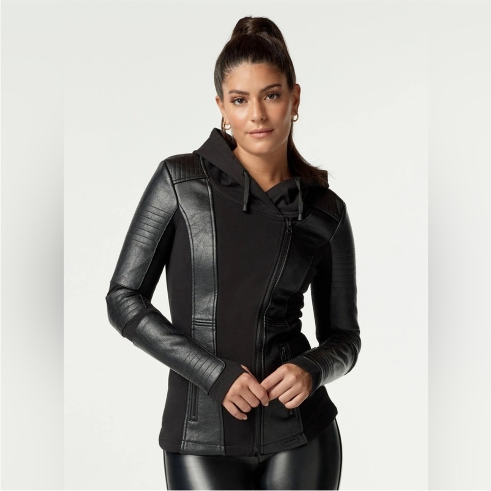 Blanc Noir Black Leather Hooded Jacket